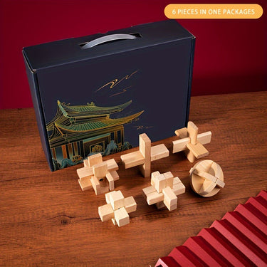 Max | Houten Breinbreker Set met 6 Uitdagende Kongming Slot Puzzels voor Alle Niveaus 0